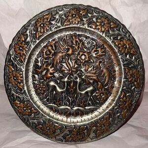 Vintage Persian Hand Hammered Copper Tin Wall Hanging Plate Dish Tray